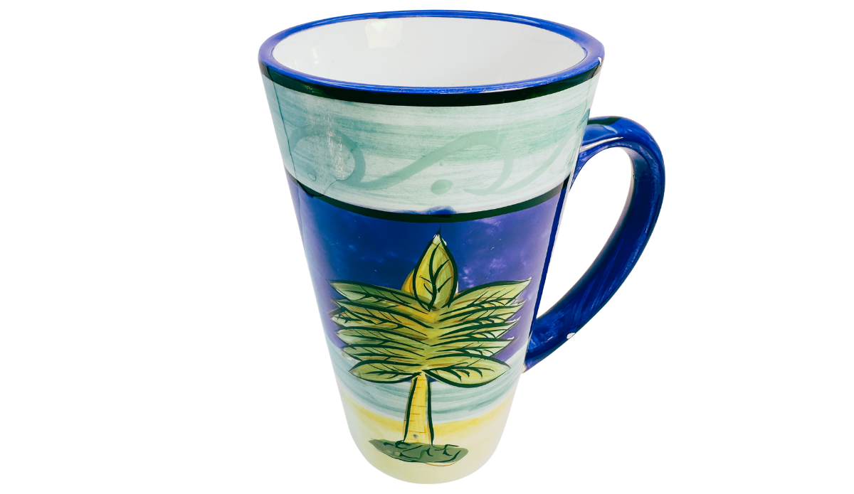 Certified International Palm Tree Latte Mug top view showing the wide latte-style opening