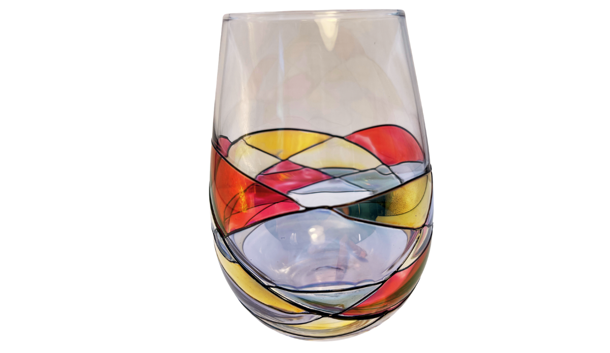 Opposite side of Hand Painted Mosaic Stemless Wine Glass featuring continuous mosaic artwork