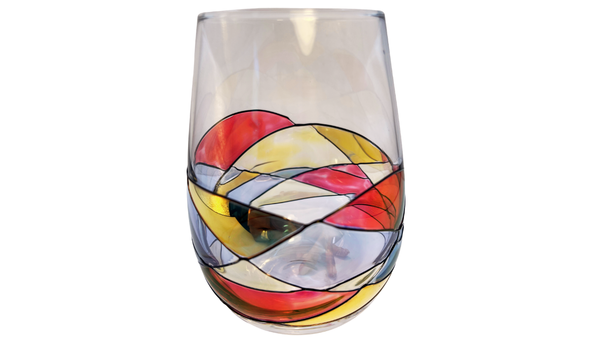 Hand Painted Mosaic Stemless Wine Glass showing another angle of the colorful stained glass inspired mosaic artwork