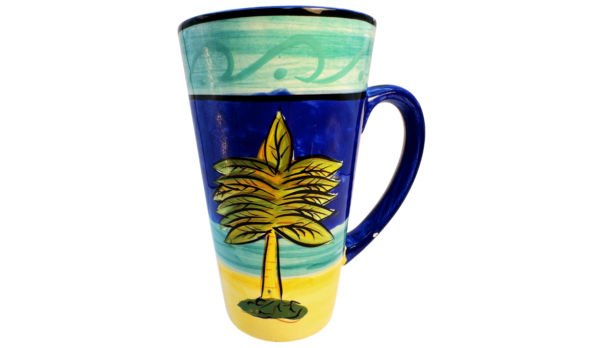 Certified International Palm Tree Latte Mug front view featuring tropical palm tree artwork and vibrant coastal colors