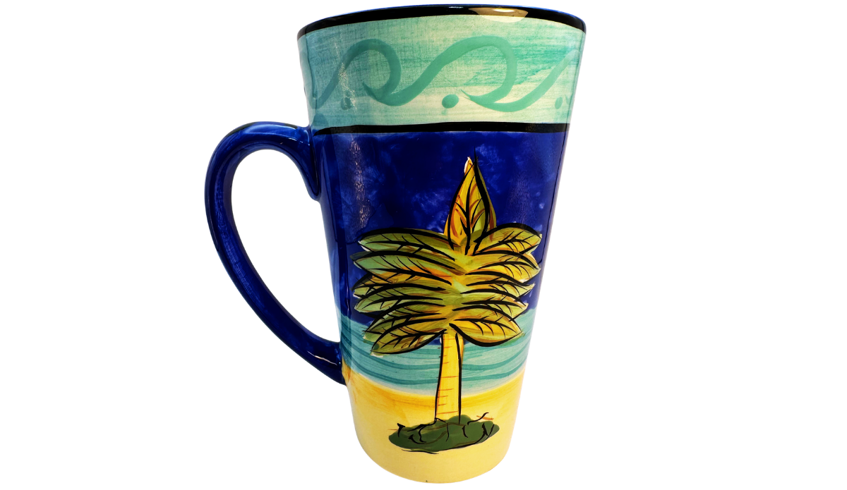 Certified International Palm Tree Latte Mug back view with wraparound tropical beach design