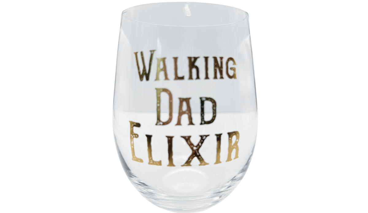 Walking Dad Elixir Stemless Wine Glass with distressed metallic gold and black lettering