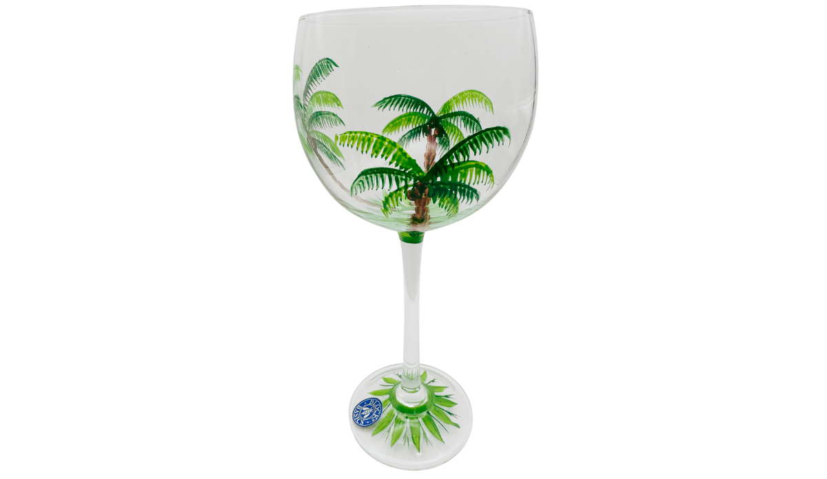 Block Basics Palm Breeze hand painted wine glass back view with centered palm tree