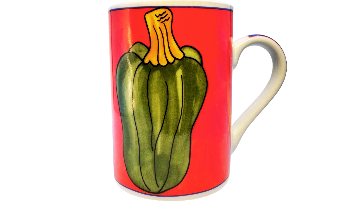 Vintage Acorn Squash Mug front view with large green squash, golden stem, vivid red background, cobalt trim, and white handle.