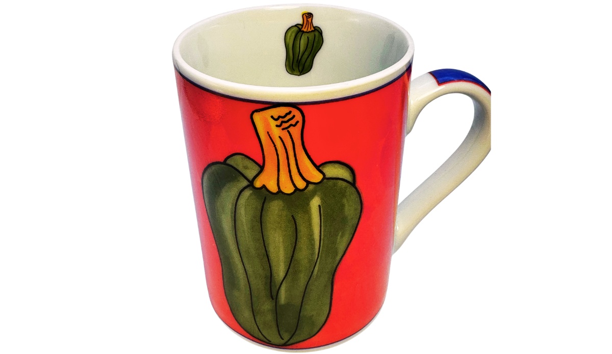 Vintage Acorn Squash Mug top view with white interior, miniature green squash motif, red exterior, cobalt trim, and curved handle.