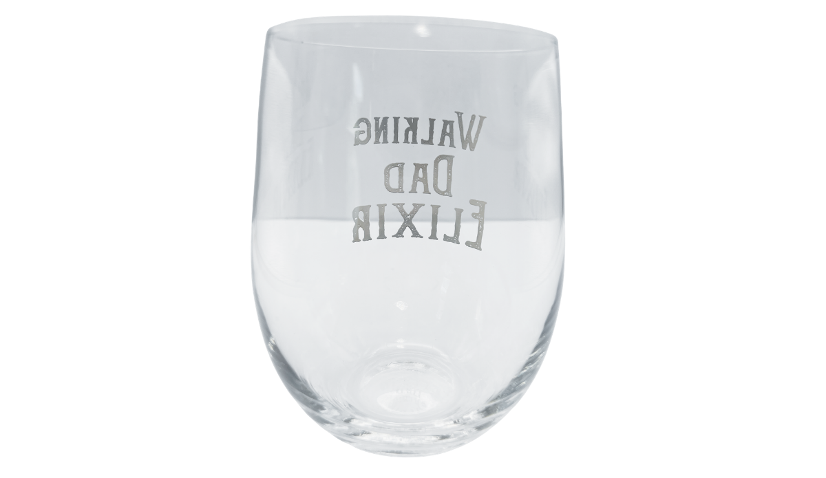 Back of Walking Dad Elixir Stemless Wine Glass showing reverse view of the lettering through the glass