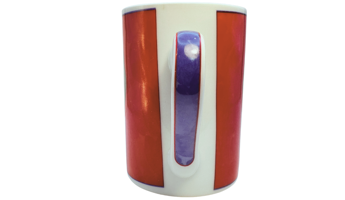 Vintage Acorn Squash Mug handle view with centered white handle, cobalt blue accent, red side panels, and white ceramic trim.
