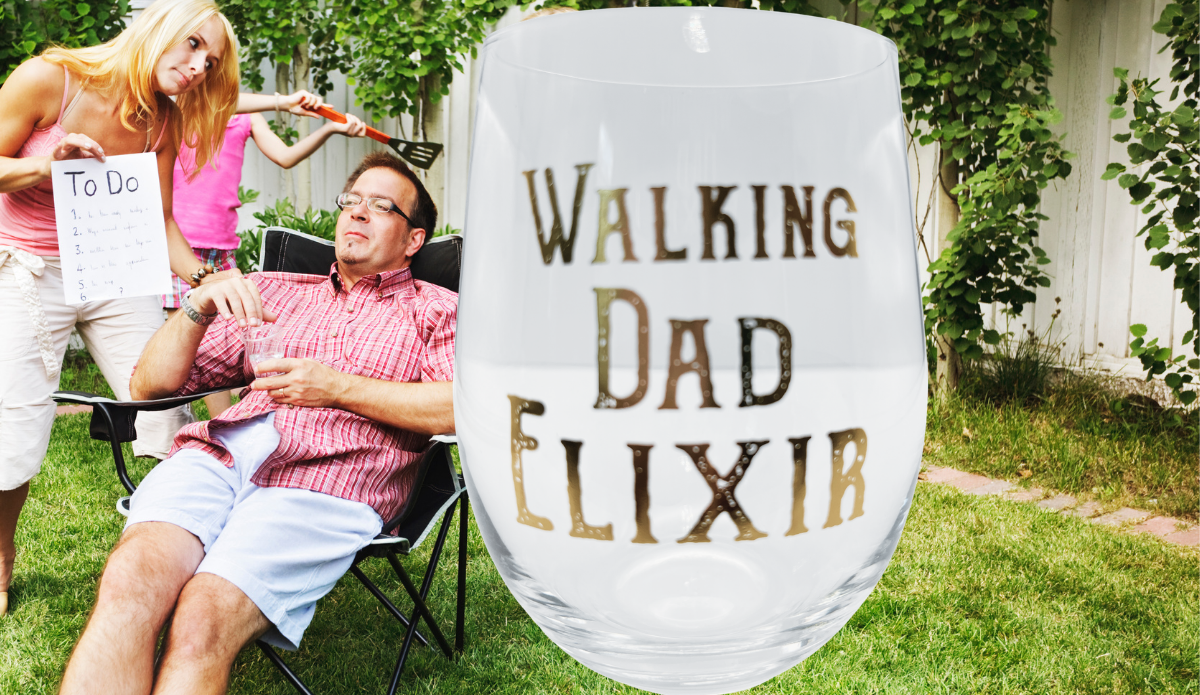 Walking Dad Elixir Stemless Wine Glass displayed during a humorous backyard family moment