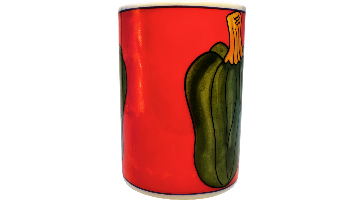 Vintage Acorn Squash Mug middle view with handle-free red panel, partial green squash artwork, cobalt trim, and white ceramic edges.