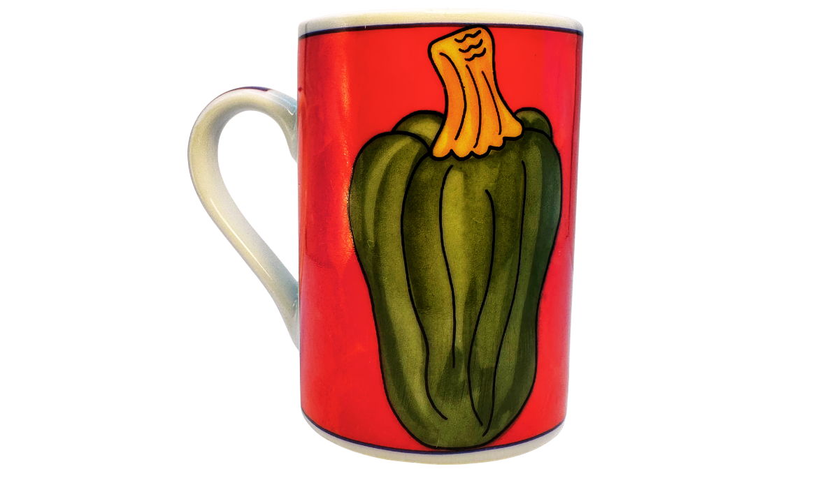 Vintage Acorn Squash Mug back view with full green squash, golden stem, red background, cobalt trim, and white handle on the left.