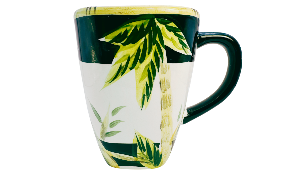 Lahaina II Palm Tree Mug with large hand-painted palm fronds and deep green handle