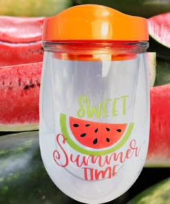 Sweet Summer Time Watermelon Acrylic Wine Tumbler displayed with fresh watermelon slices and whole watermelons in a bright summer setting.