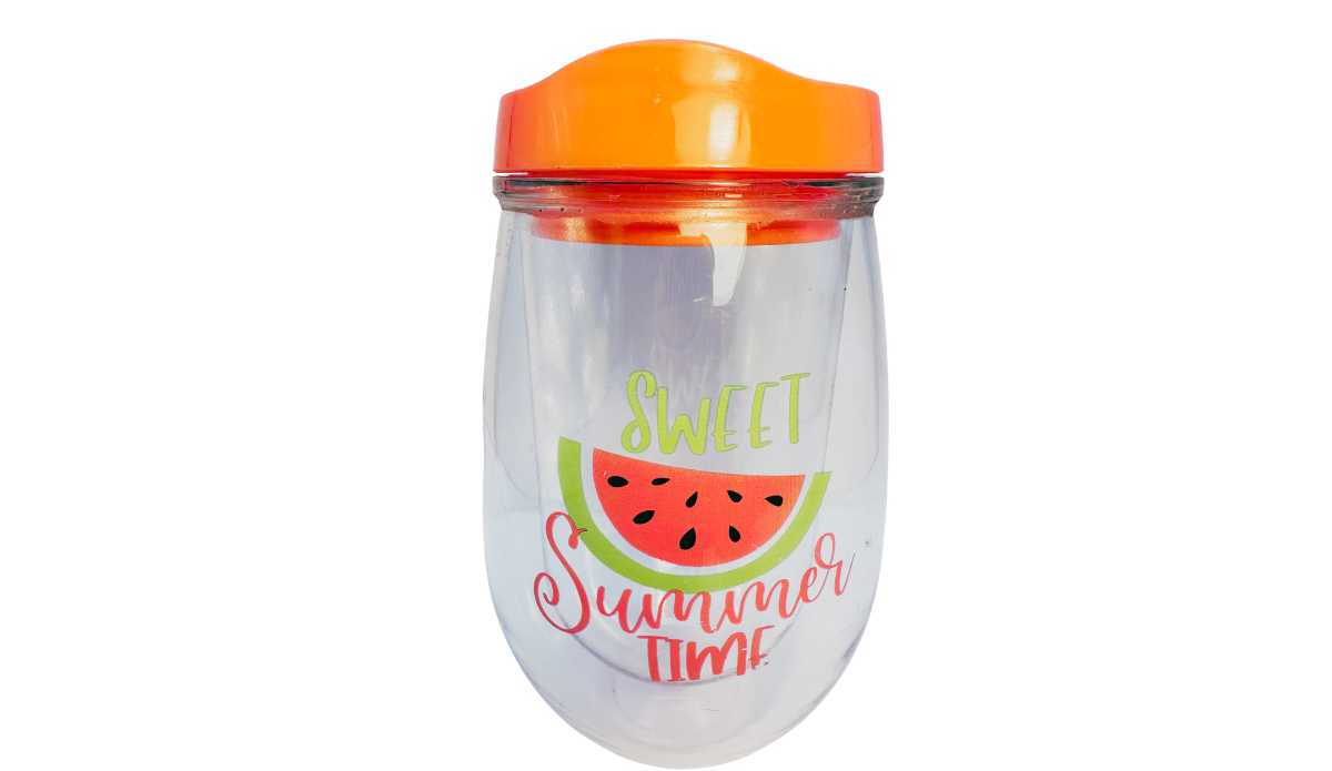 Sweet Summer Time Watermelon Acrylic Wine Tumbler front view with orange snap-on lid, watermelon slice, and colorful summer lettering.