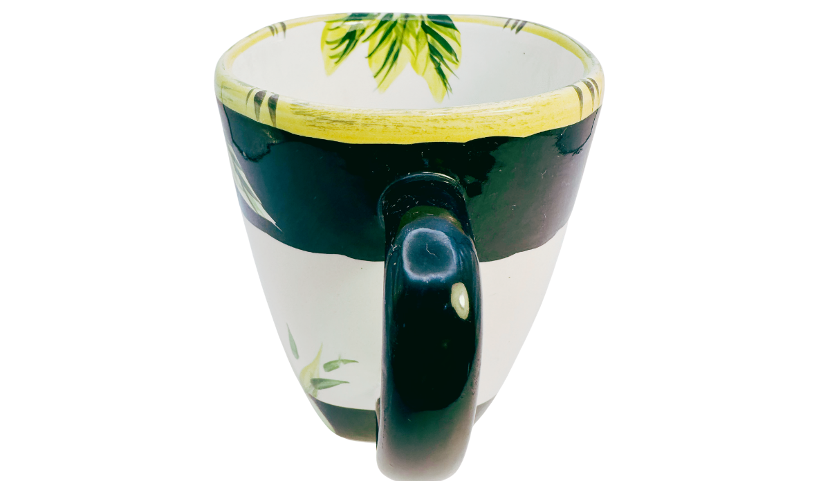 Rear top view of Lahaina II Palm Tree Mug showing interior wraparound palm artwork and glossy green handle