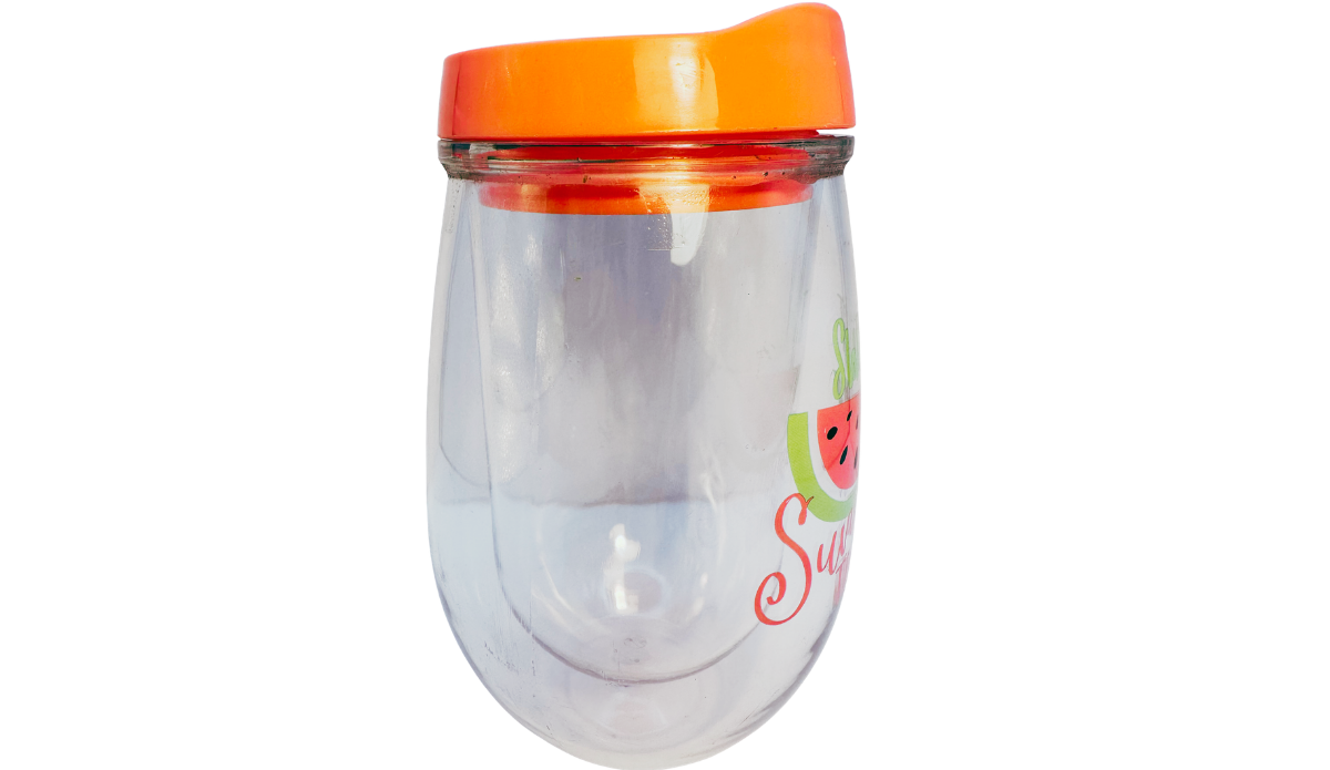 Sweet Summer Time Watermelon Acrylic Wine Tumbler right side view with a clear double wall body, orange lid, and partial watermelon lettering.