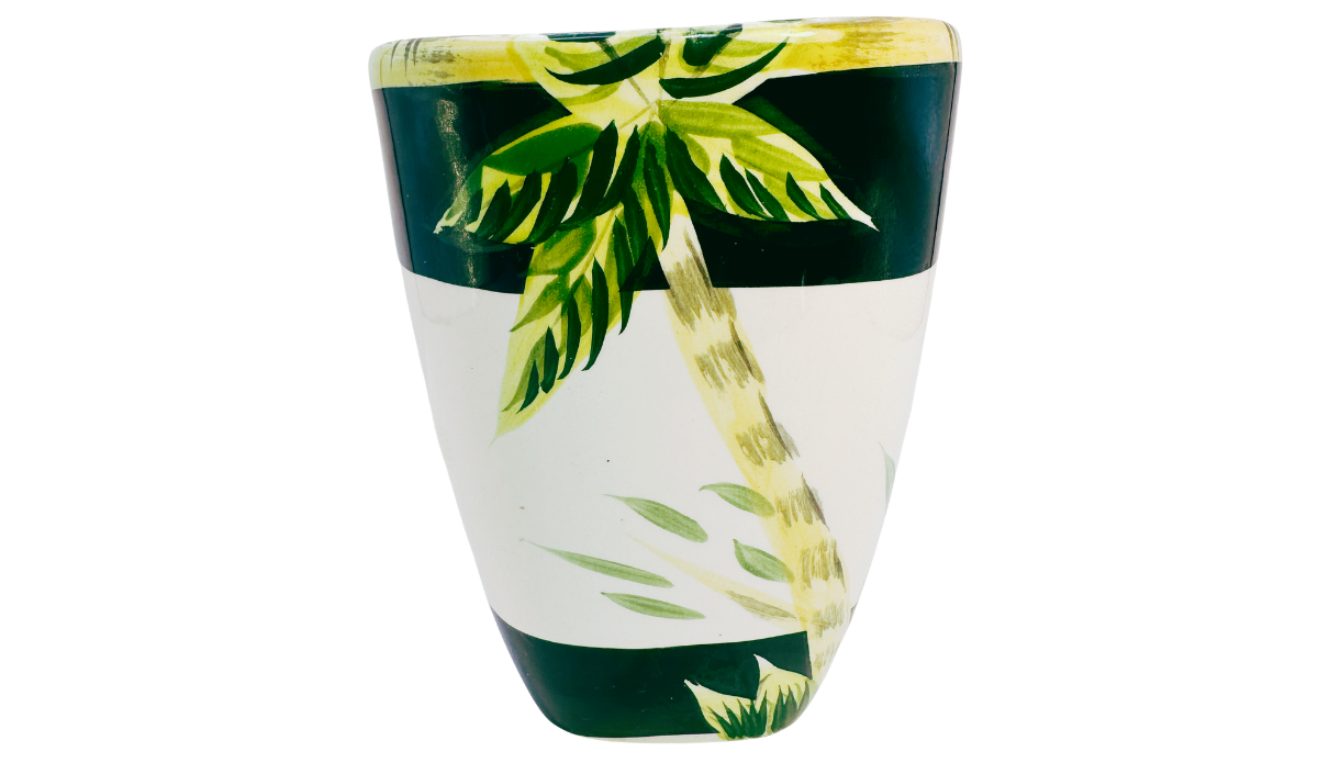 Middle view of Lahaina II Palm Tree Mug featuring hand-painted palm trunk and tropical foliage