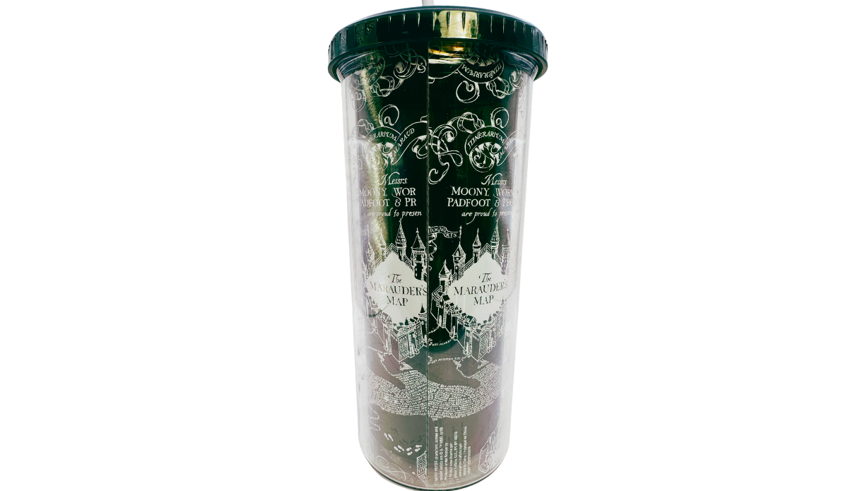 Harry Potter Marauder’s Map Tumbler back view with wraparound castle artwork, map lettering, vertical seam, and dark lid