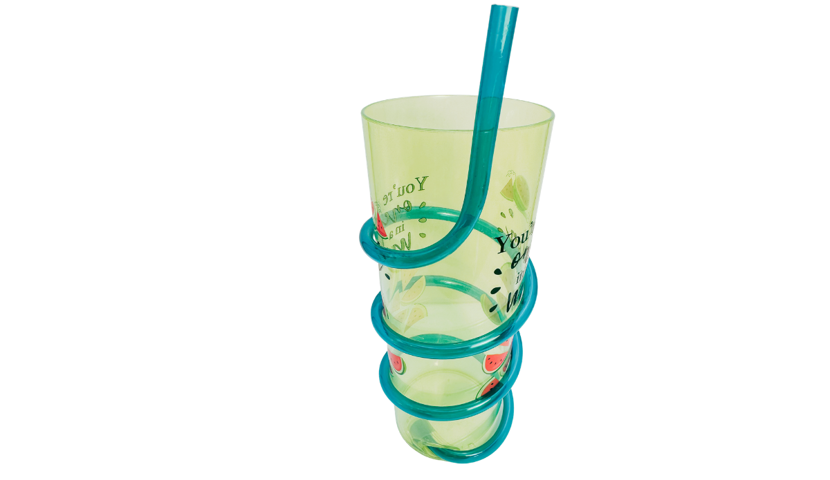 You’re One In A Melon Swirly Straw Acrylic Tumbler second middle view with a prominent teal straw, spiral coils, and partial watermelon graphics.