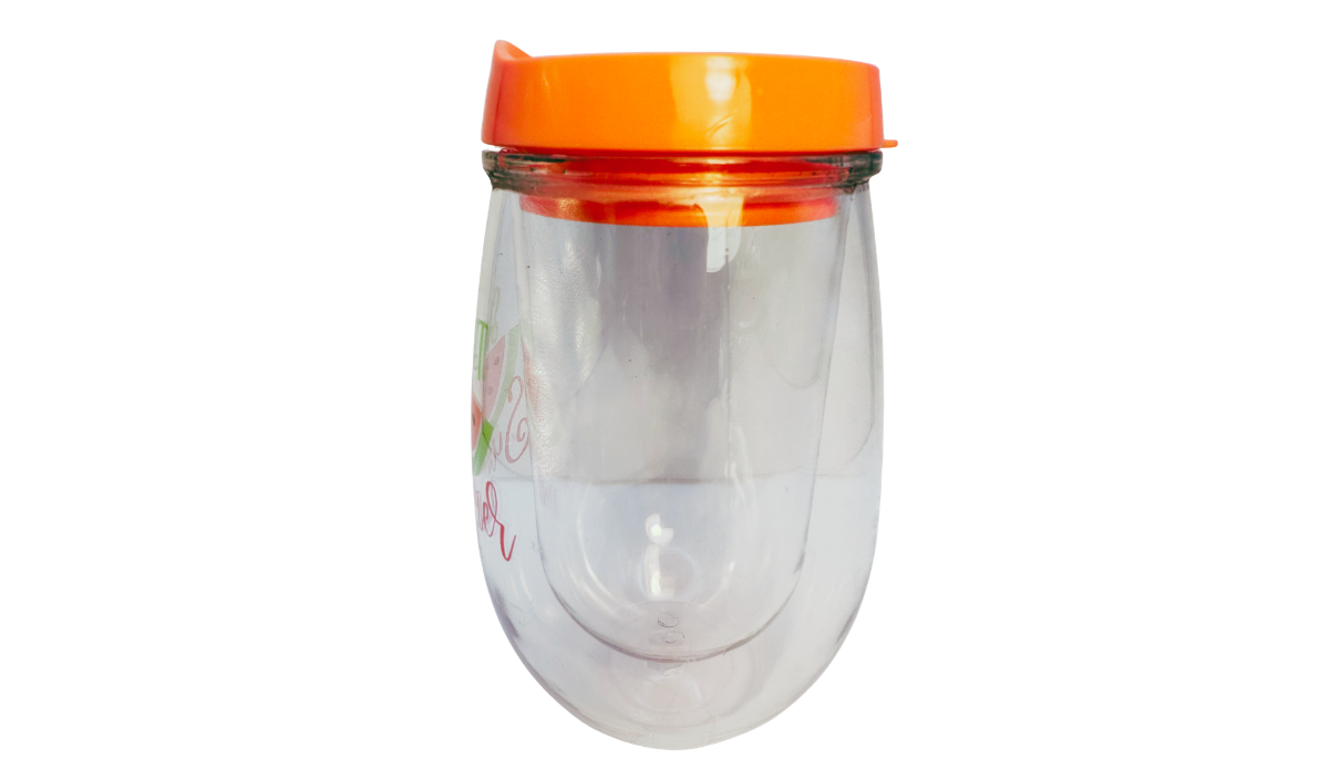 Sweet Summer Time Watermelon Acrylic Wine Tumbler left side view with a clear double wall body, orange lid, and partial summer artwork.