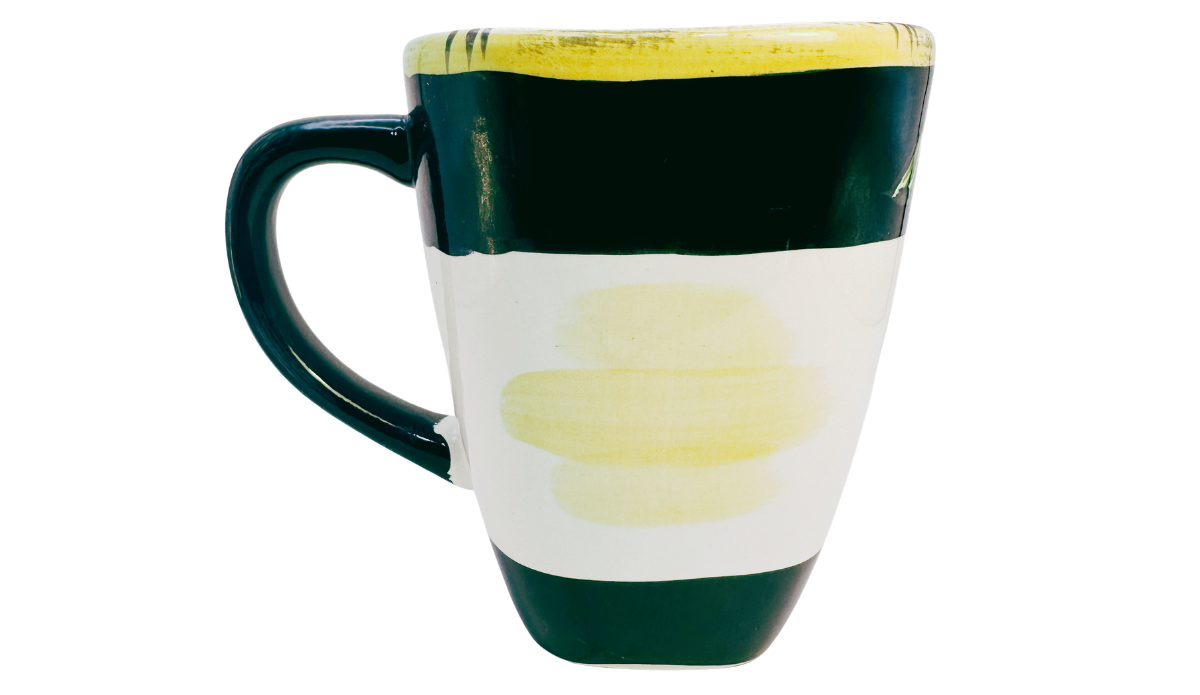 Back view of Lahaina II Palm Tree Mug with soft yellow brushstroke design