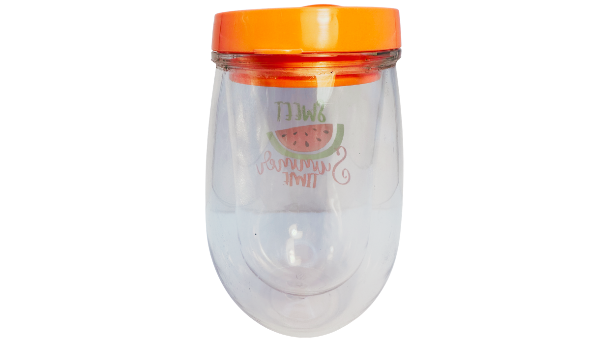 Sweet Summer Time Watermelon Acrylic Wine Tumbler back view with clear double wall construction, orange lid, and reversed front artwork visible through the body.