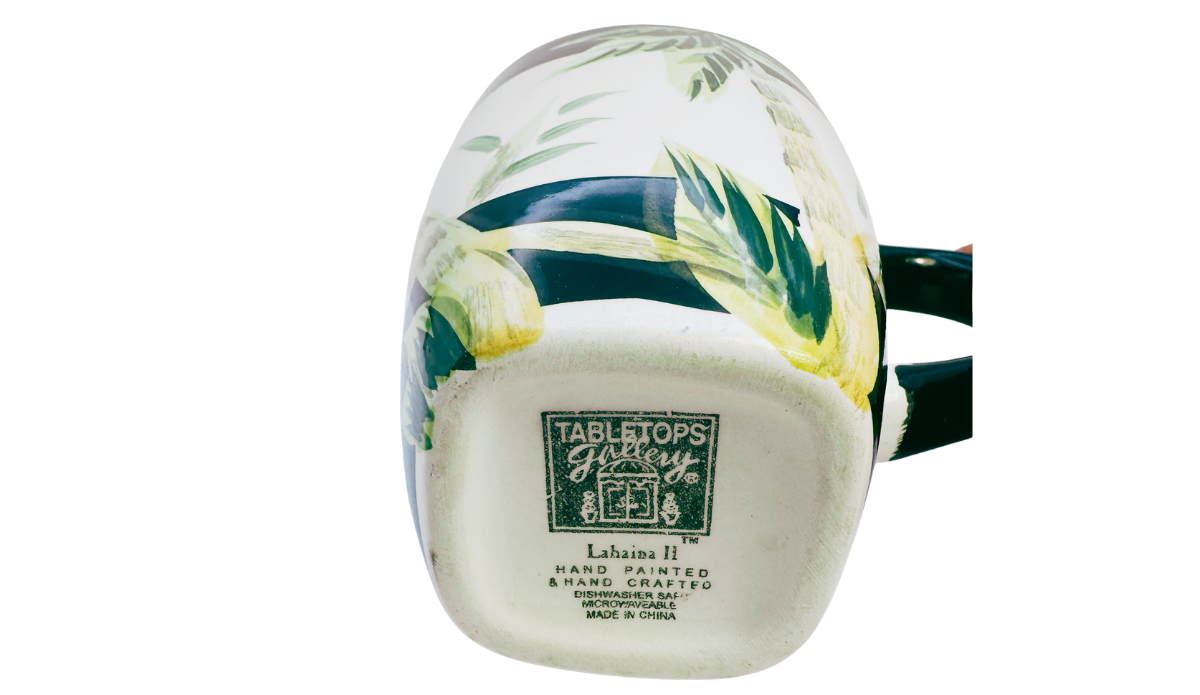 Bottom view of Lahaina II Palm Tree Mug showing the original Tabletops Gallery Lahaina II backstamp