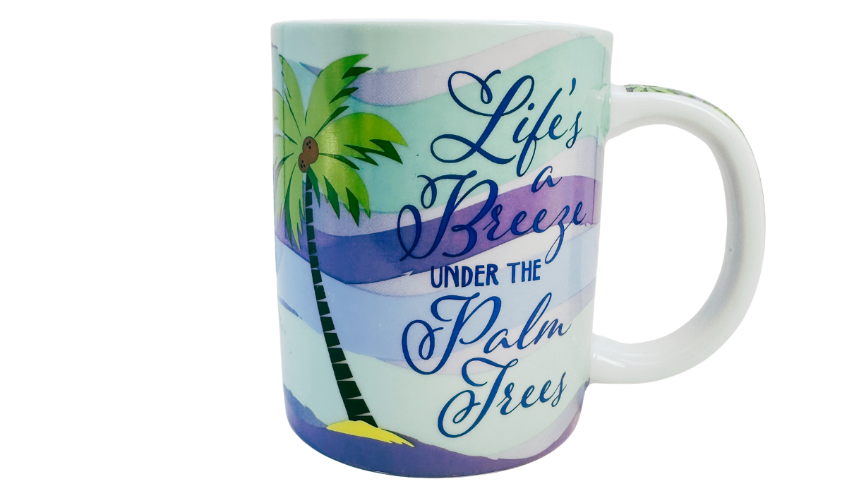 Cape Shore Life's A Breeze Under The Palm Trees Mug front view with tropical palm tree and inspirational beach quote