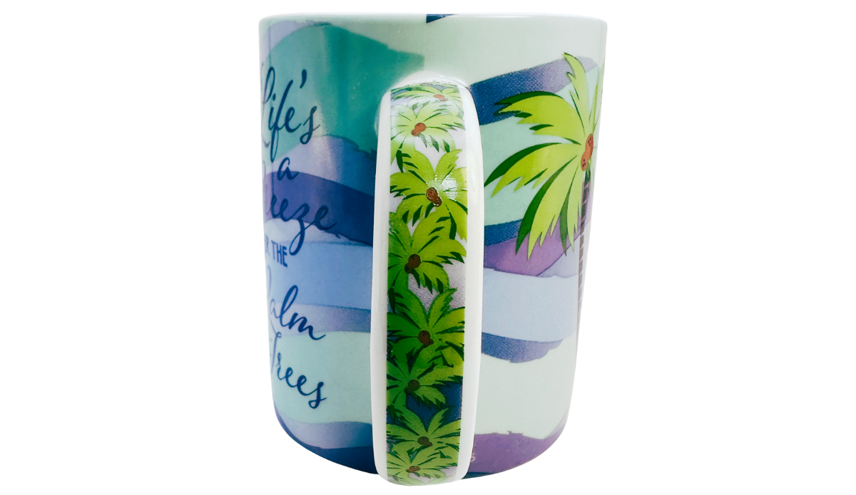 Cape Shore Life's A Breeze Under The Palm Trees Mug handle view featuring decorative palm tree pattern