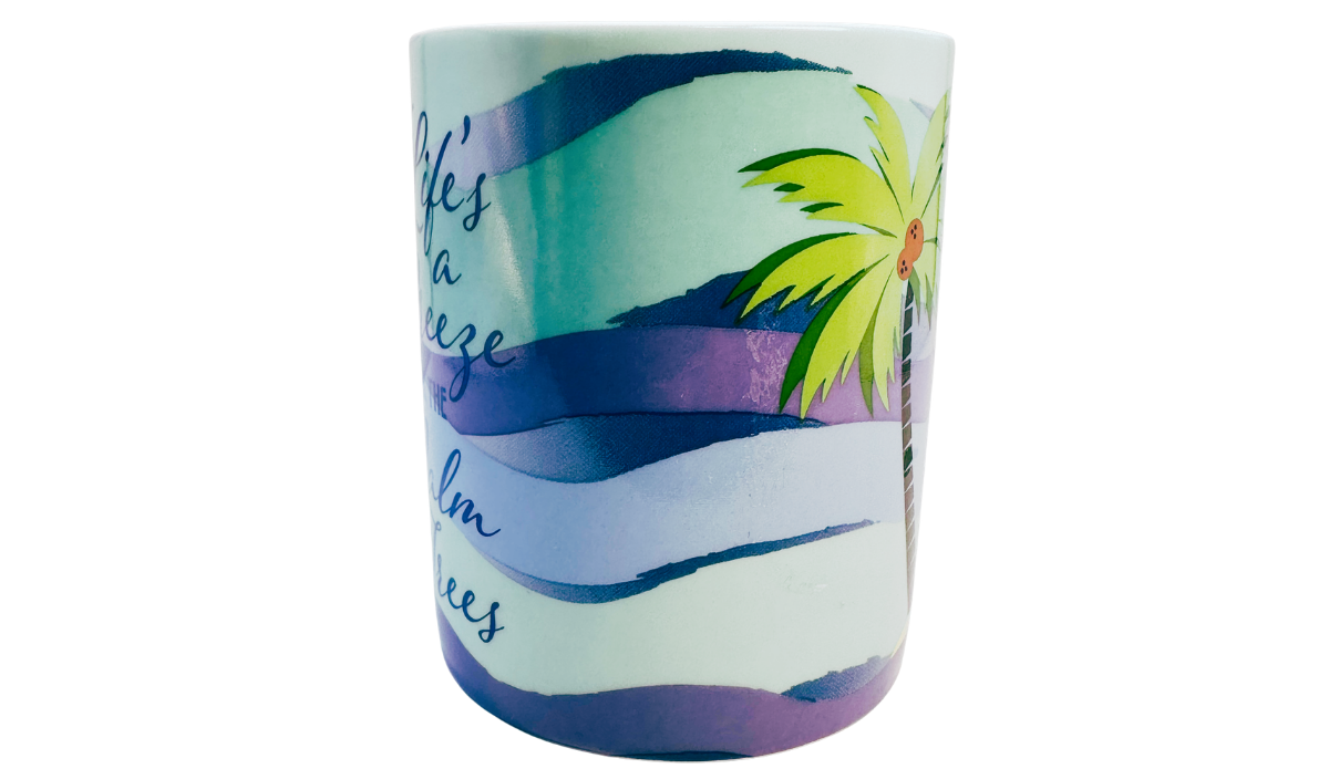 Cape Shore Life's A Breeze Under The Palm Trees Mug angled middle view showing interior palm tree and tropical artwork