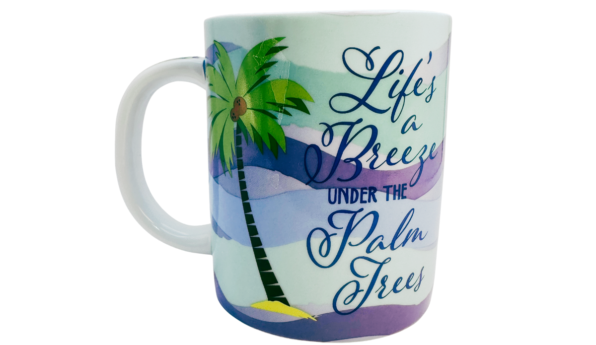 Cape Shore Life's A Breeze Under The Palm Trees Mug handle view featuring decorative palm tree pattern
