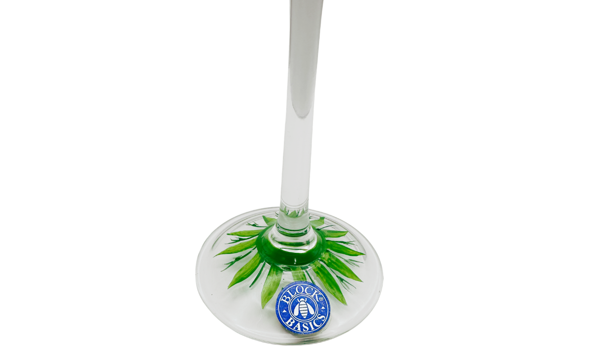 Block Basics Palm Breeze wine glass painted base with Block Basics sticker