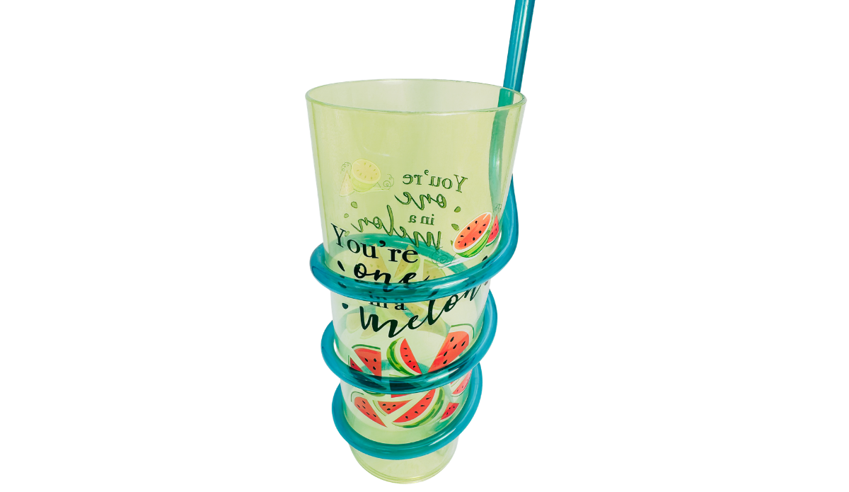 You’re One In A Melon Swirly Straw Acrylic Tumbler back view with reversed lettering visible through the translucent body and a teal spiral straw.