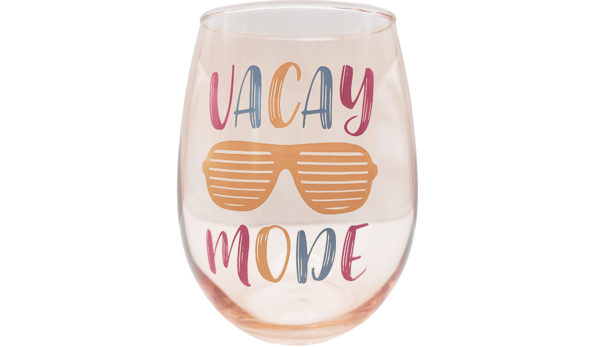 Vacay Mode Stemless Wine Glass featuring colorful Vacay Mode lettering with retro shutter shades