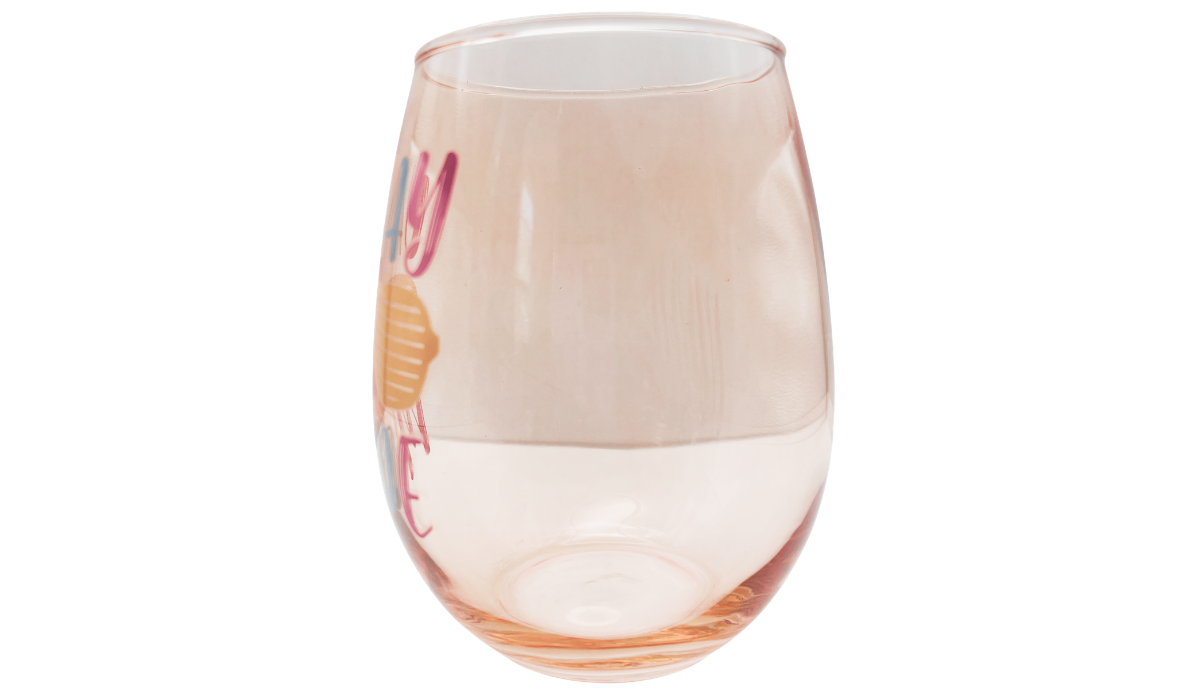 Right side of Vacay Mode Stemless Wine Glass with blush tinted glass