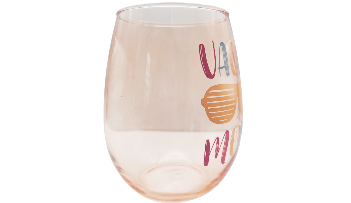 Left side of Vacay Mode Stemless Wine Glass showing colorful vacation artwork
