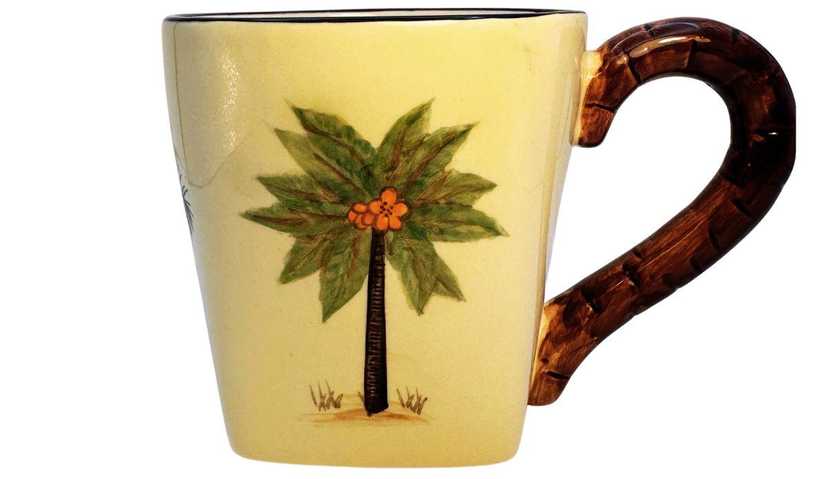 Pacific Rim Palm Tree Hand Painted Ceramic Mug featuring a hand-painted tropical palm tree and faux bamboo handle