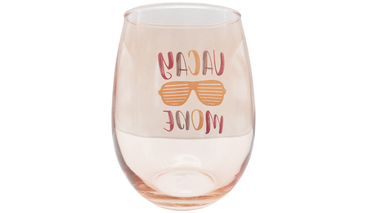 Back of Vacay Mode Stemless Wine Glass showing the clean reverse side