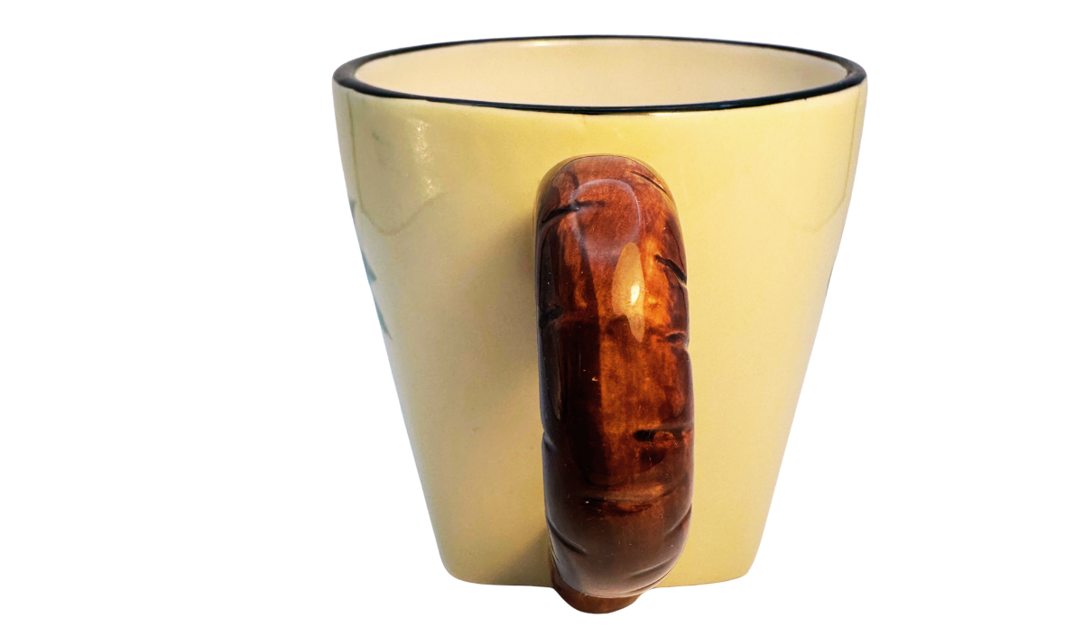 Side view of Pacific Rim Palm Tree Hand Painted Ceramic Mug showing sculpted faux bamboo handle