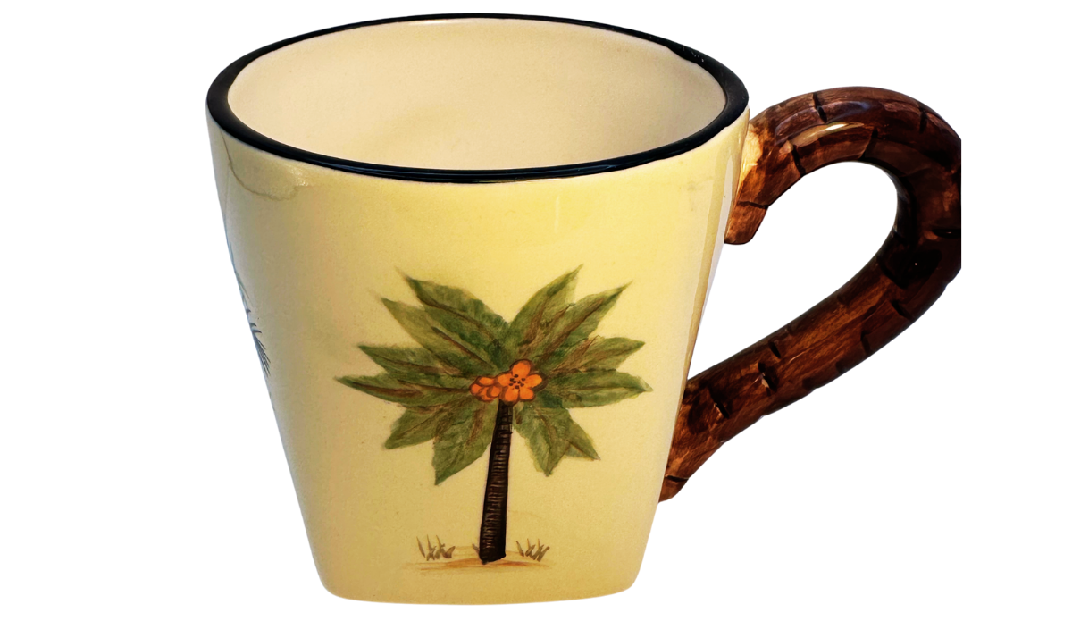 Top view of Pacific Rim Palm Tree Hand Painted Ceramic Mug showing the black rim, cream interior, and sculpted faux bamboo handle