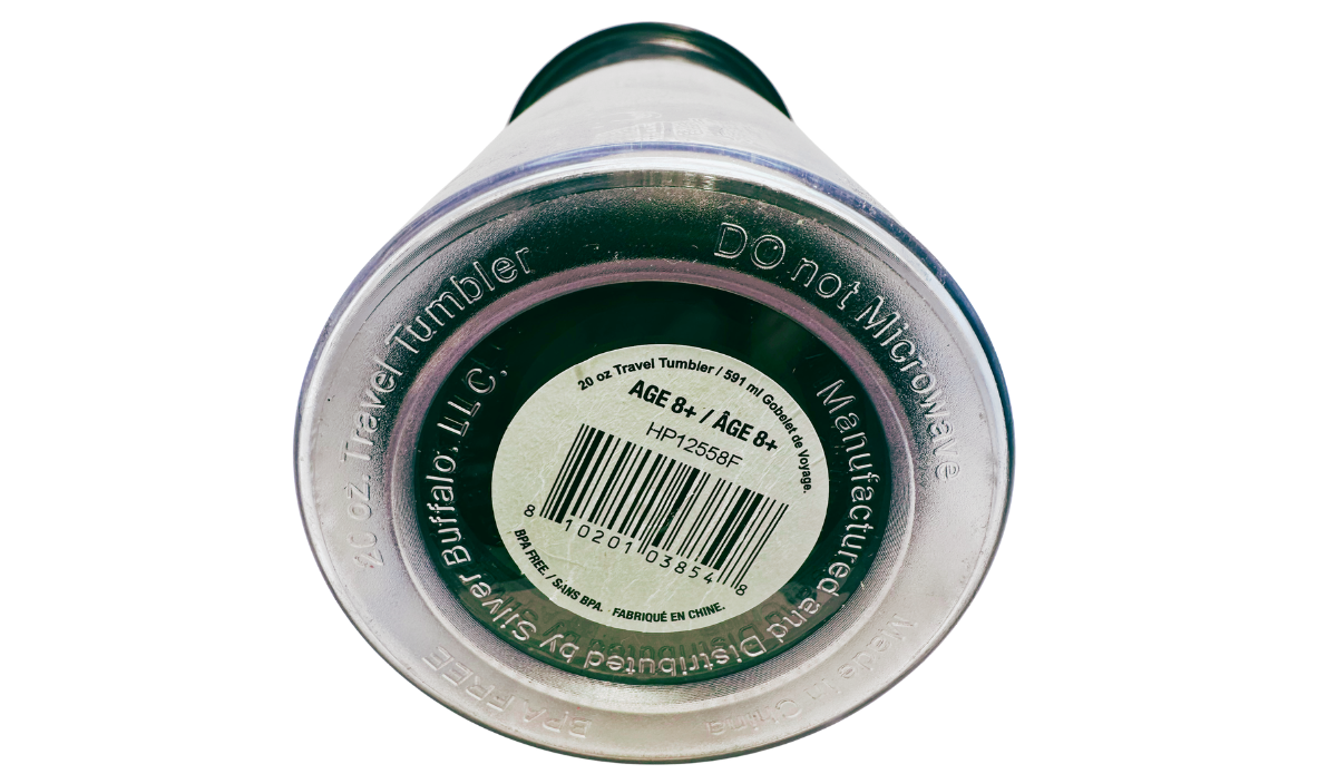 Bottom of Harry Potter Marauder’s Map Tumbler showing 20-ounce capacity, Silver Buffalo label, BPA-free marking, and care details