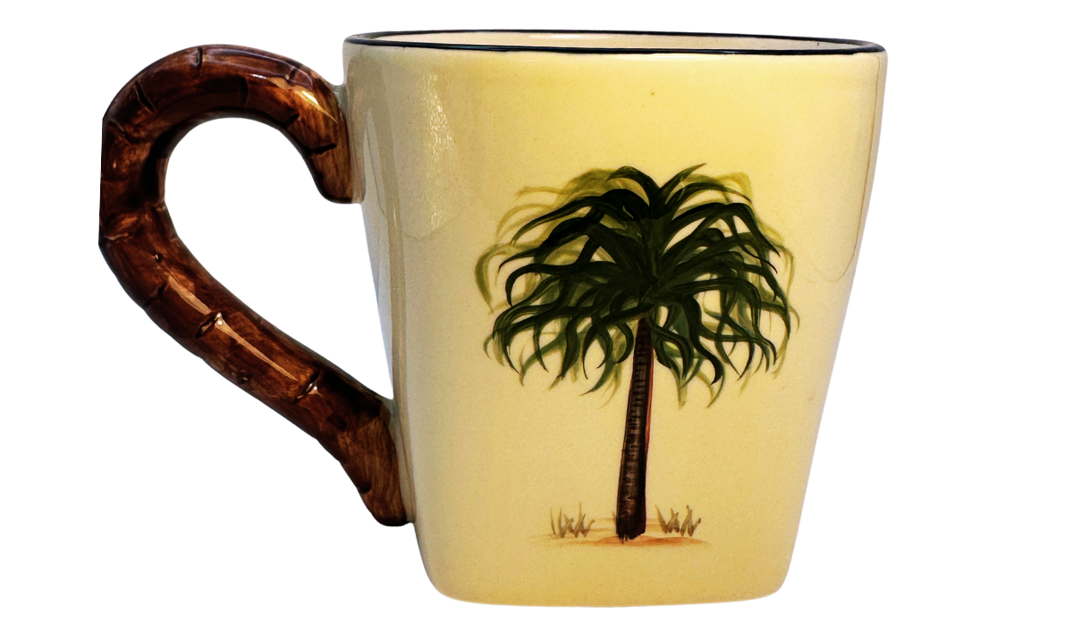 Back view of Pacific Rim Palm Tree Hand Painted Ceramic Mug featuring additional hand-painted palm tree artwork