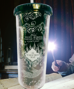 Harry Potter Marauder’s Map Tumbler displayed in a dark wizarding scene beside a glowing wand and open book