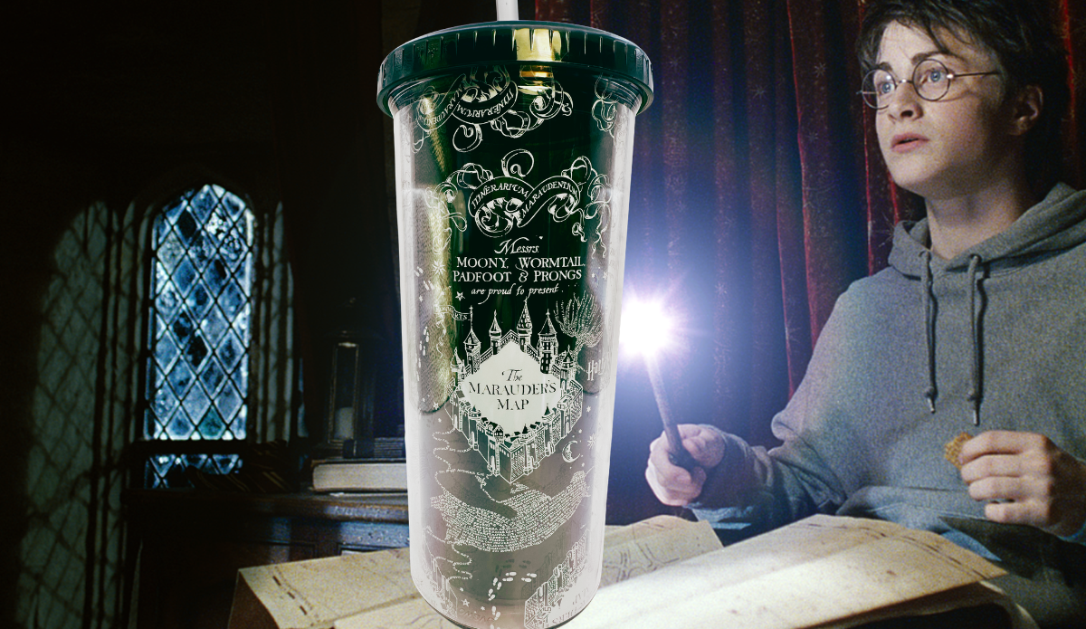 Harry Potter Marauder’s Map Tumbler displayed in a dark wizarding scene beside a glowing wand and open book