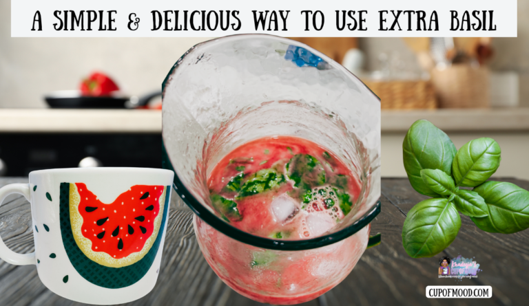 Way to use extra basil recipe showing the finished watermelon basil refresher with ice and fresh basil beside the Vintage Tabletops Unlimited Fresh Watermelon Oversized Coffee Mug.