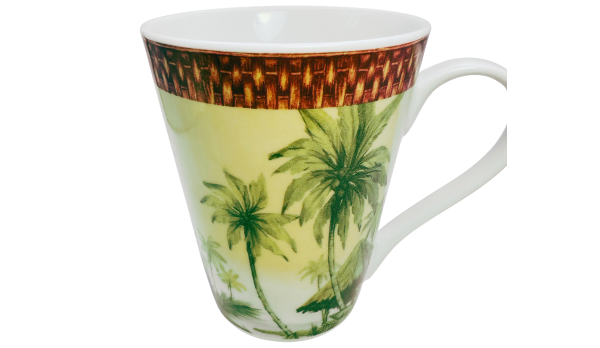 Godinger Tropical Palm Tree Porcelain Mug top view showing the smooth white porcelain interior and woven-look rim border