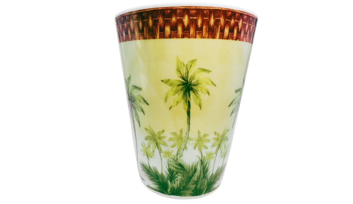 Godinger Tropical Palm Tree Porcelain Mug middle view showing continuous tropical landscape artwork
