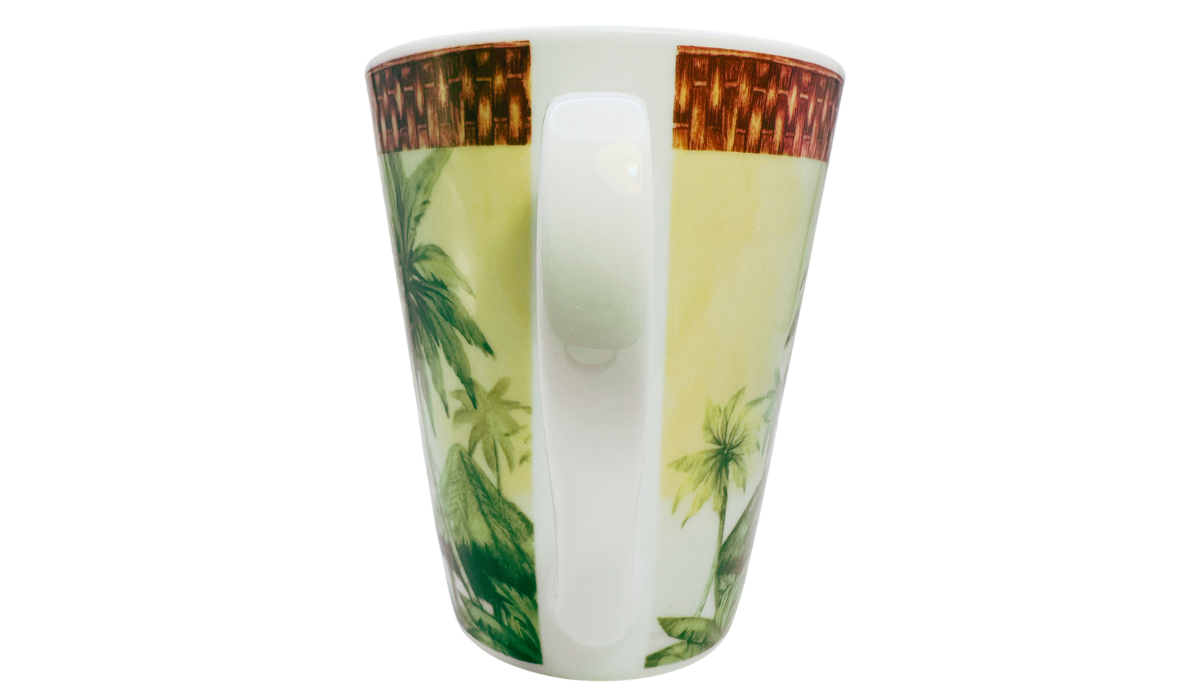 Godinger Tropical Palm Tree Porcelain Mug handle view with wraparound island artwork