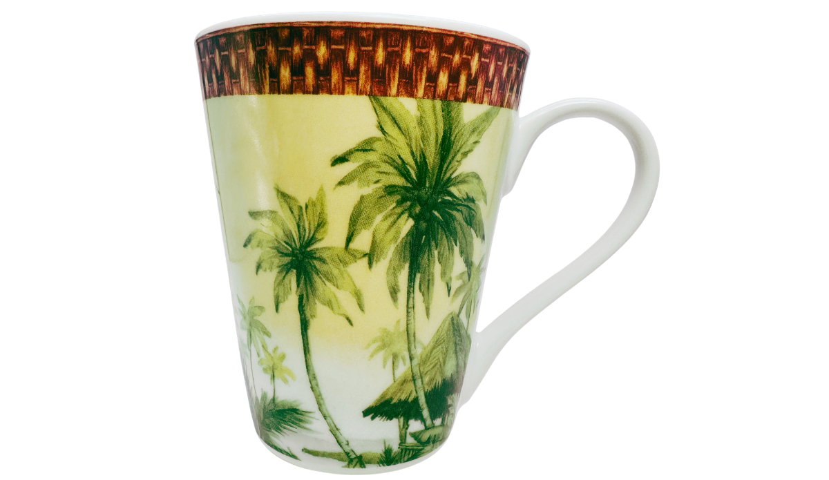 Godinger Tropical Palm Tree Porcelain Mug front view featuring wraparound tropical island scene with palm trees and beach hut