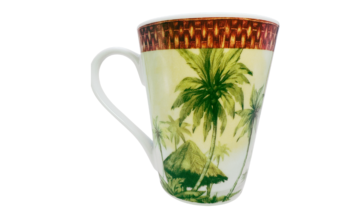 Godinger Tropical Palm Tree Porcelain Mug back view showing wraparound tropical landscape with tall palm trees