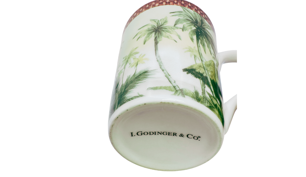 Godinger Tropical Palm Tree Porcelain Mug bottom view showing I. Godinger & Co. maker's mark